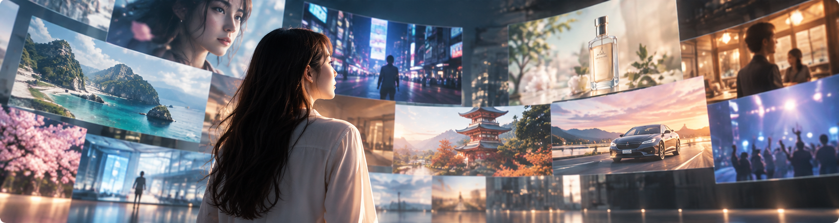 女性と多彩な映像シーンが広がるAI映像表現のイメージ