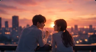 架空のドラマシーン：夕暮れの街を背景に二人が語り合う映像イメージ