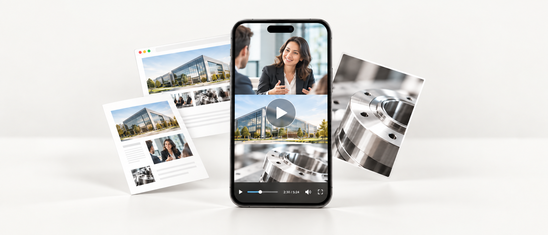 Webサイト・資料・写真素材を背景に、中央のスマートフォンで企業動画を再生するイメージ